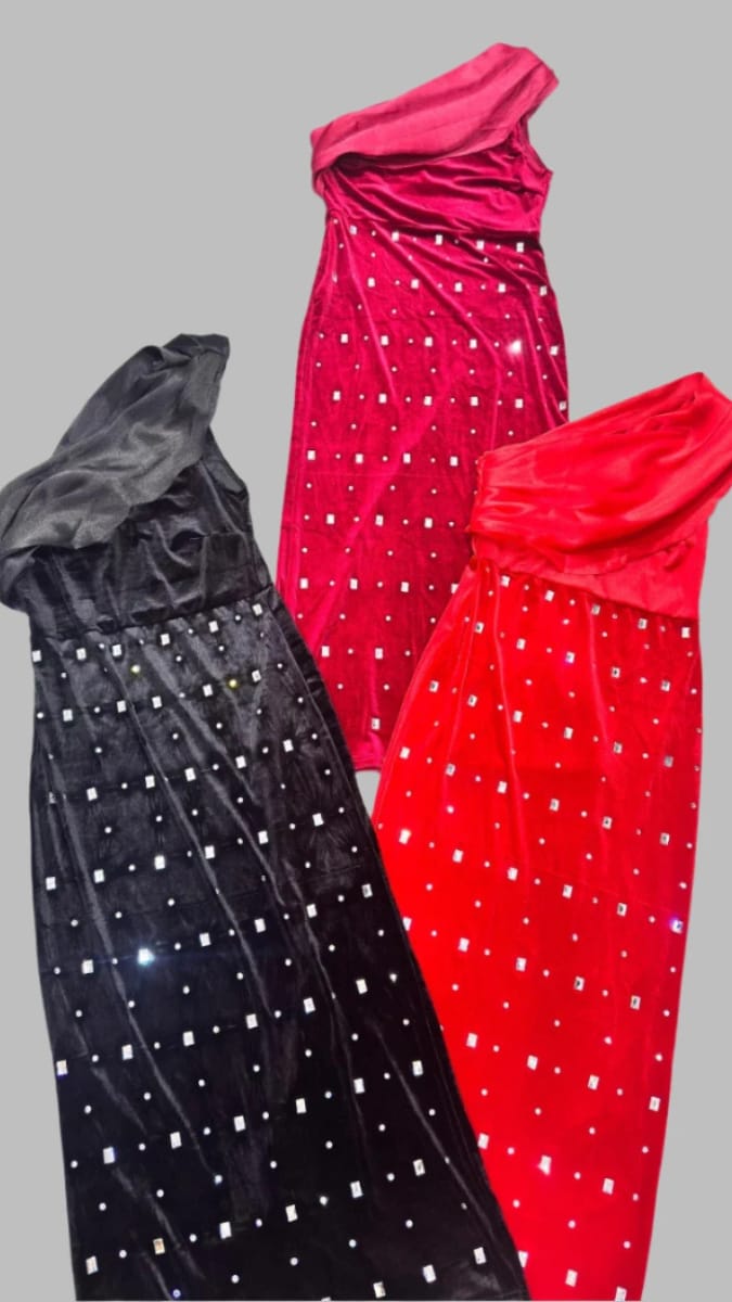 Crystal Embedded One Shoulder Velvet Dress BC014